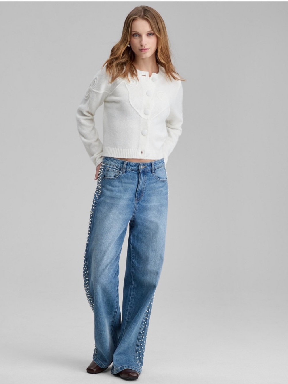 High-Rise Jeans with Faux-Pearl Side Wide-Leg Jeans- Medium Wash